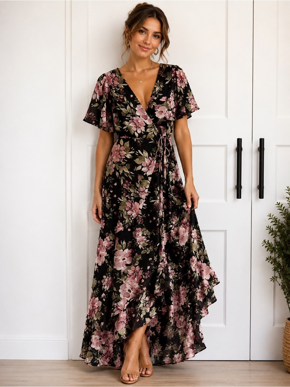 Anthropologie Dress Forum Black Floral Wrap Maxi Dress with mauve Blooms small